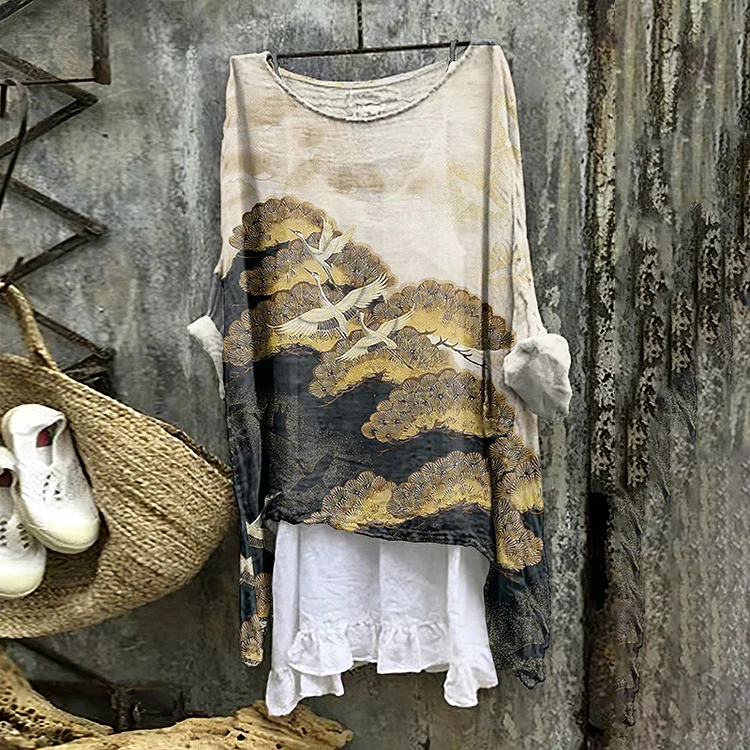 Comstylish Women's Japanese Art Pine Round Neck Shirt