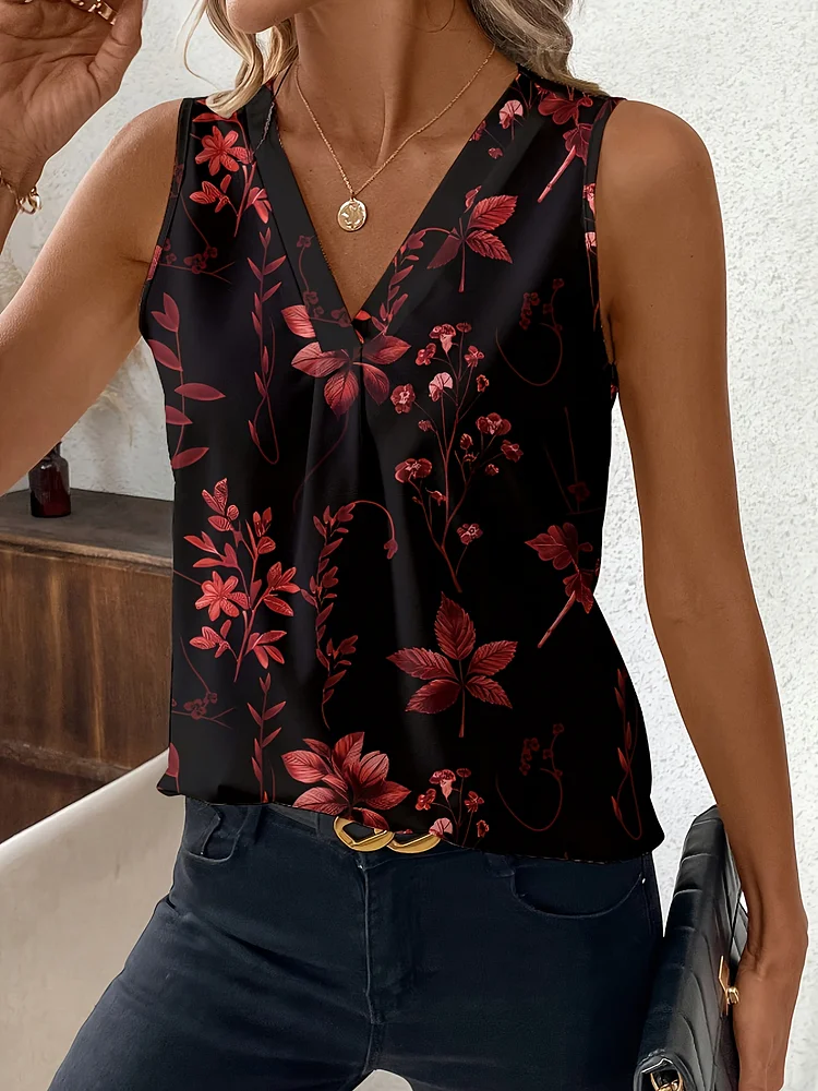 Elegant Vintage Floral Print V-Neck Tank Top For Women - Sleeveless, Lightweight Polyester, Perfect For Spring & Summer Casual Wear