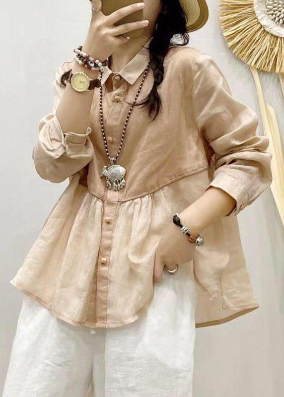 VCSHOES Pink Peter Pan Collar Wrinkled Patchwork Linen Top Long Sleeve