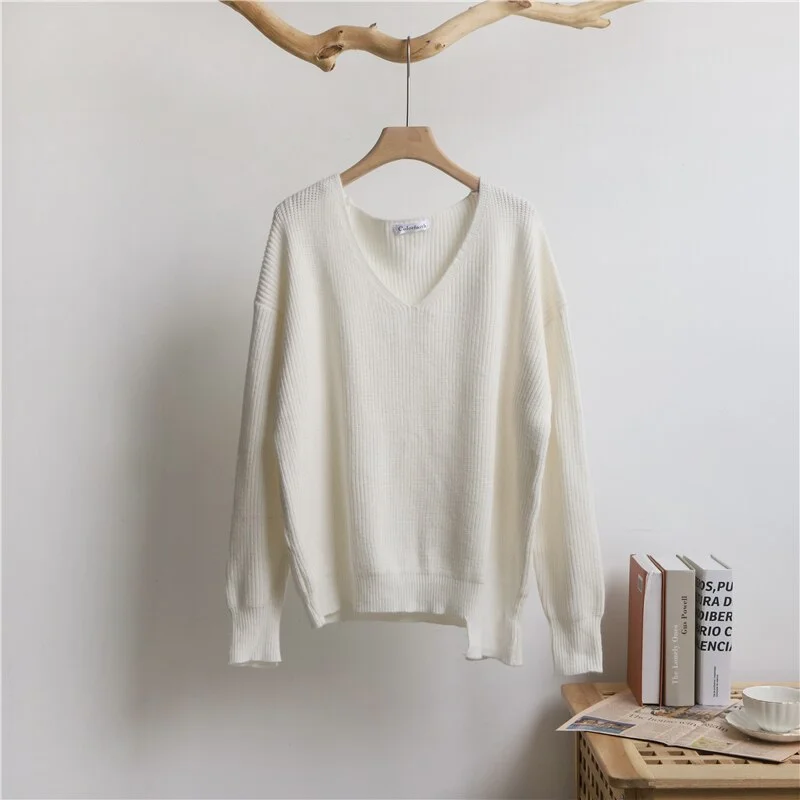 Autumn Winter V Neck Blue Thick Knit Pullover Women's Irregular Oversize Sweater Knitted Long Sleeve White Warm Sweaters 17630