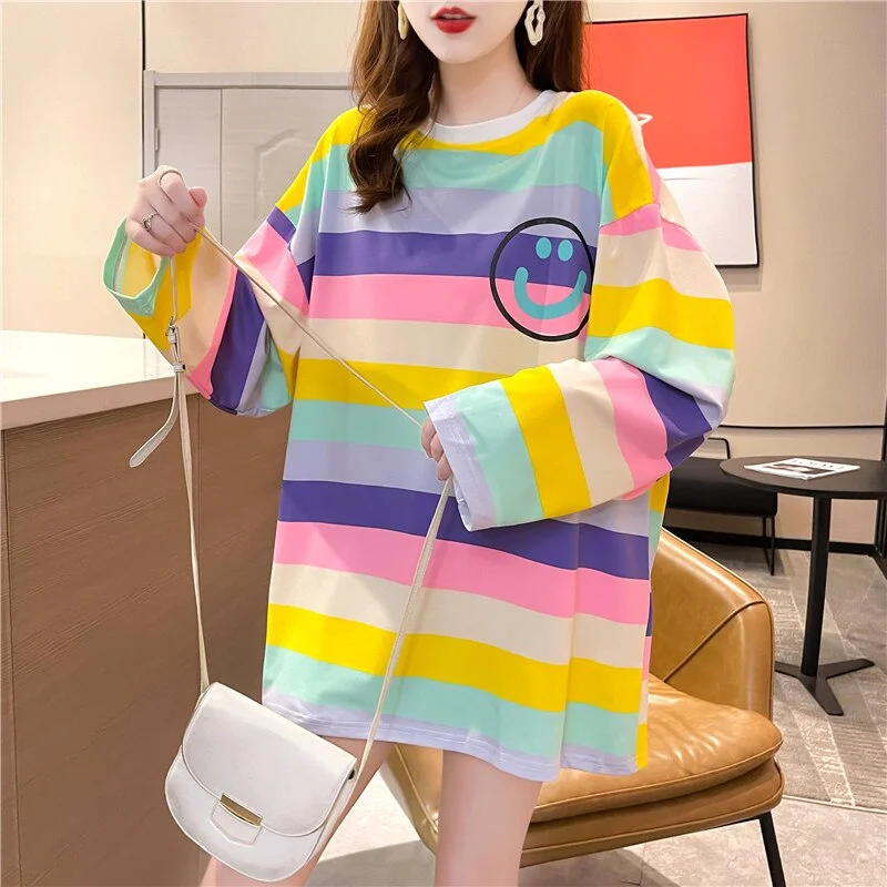 Harajuku oversized T shirt autumn Women t-shirt korean style rainbow stripe Patchwork Long Sleeve woman tshirts goth y2k tops