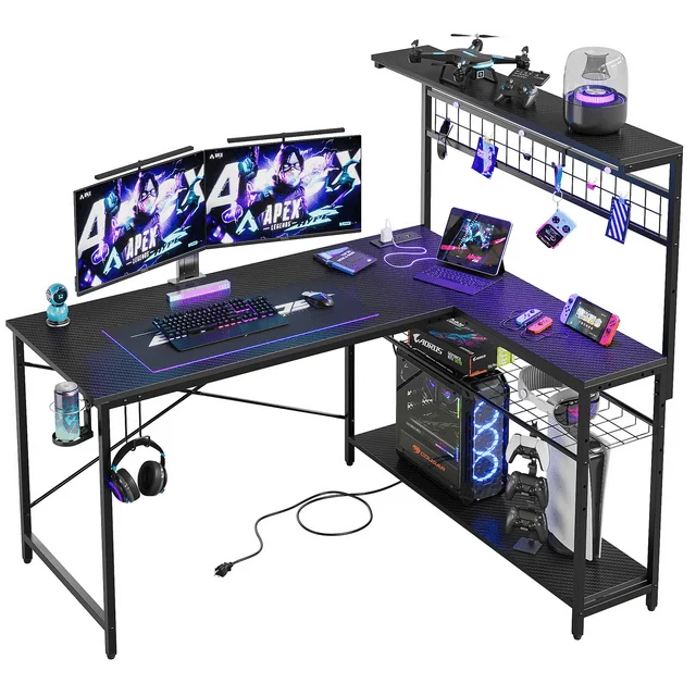 Bestier 51 L Shaped Gaming Desk with Power Outlets, LED Workstation with 4 Tiers Shelves for Home Office, Gamer Reversible Table with Hooks and Cup Holder