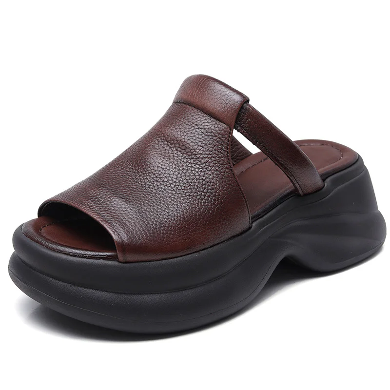 Yyvonne Cowflin Retro Hand-Made Leather-Bottomed Slippers Women's New Summer Wear Light-Discreed Cool Slippers