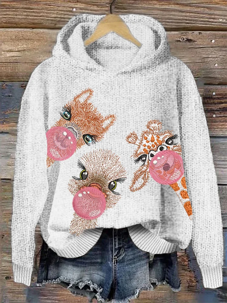 Bubble Animal Embroidery Pattern Cozy Hooded Sweater