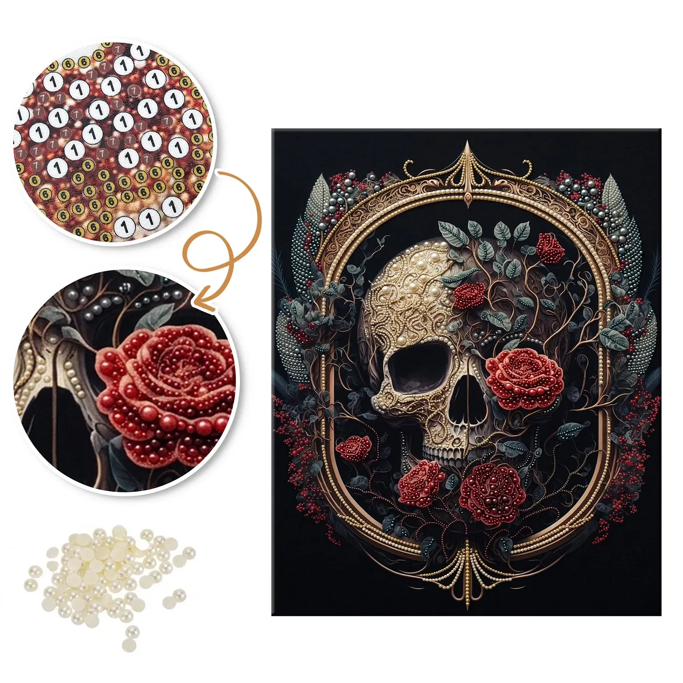 Red Rose Wreath Skull - Pearls Painting