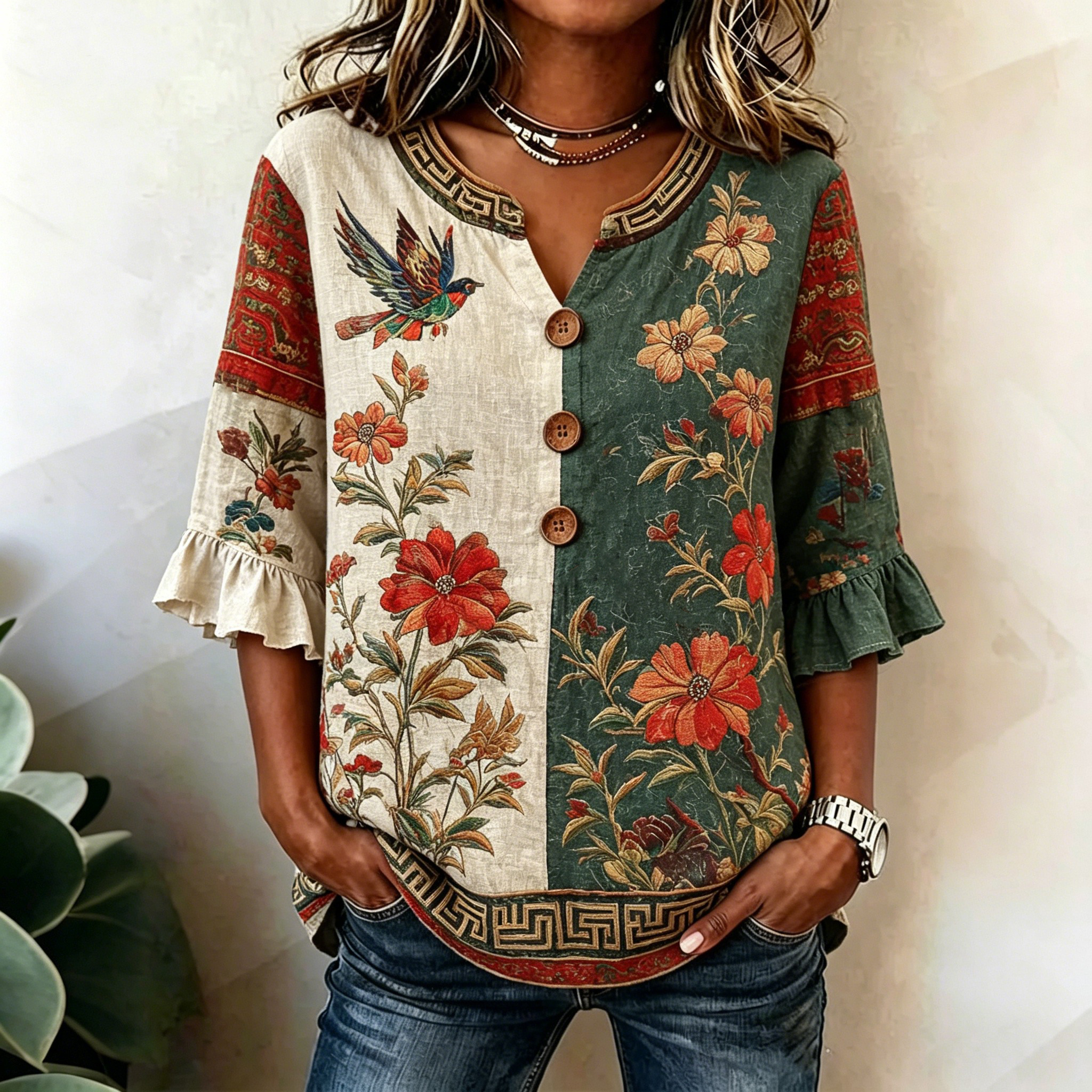 Comstylish Women's Vintage Floral And Bird Art Print Flared-sleeve Top