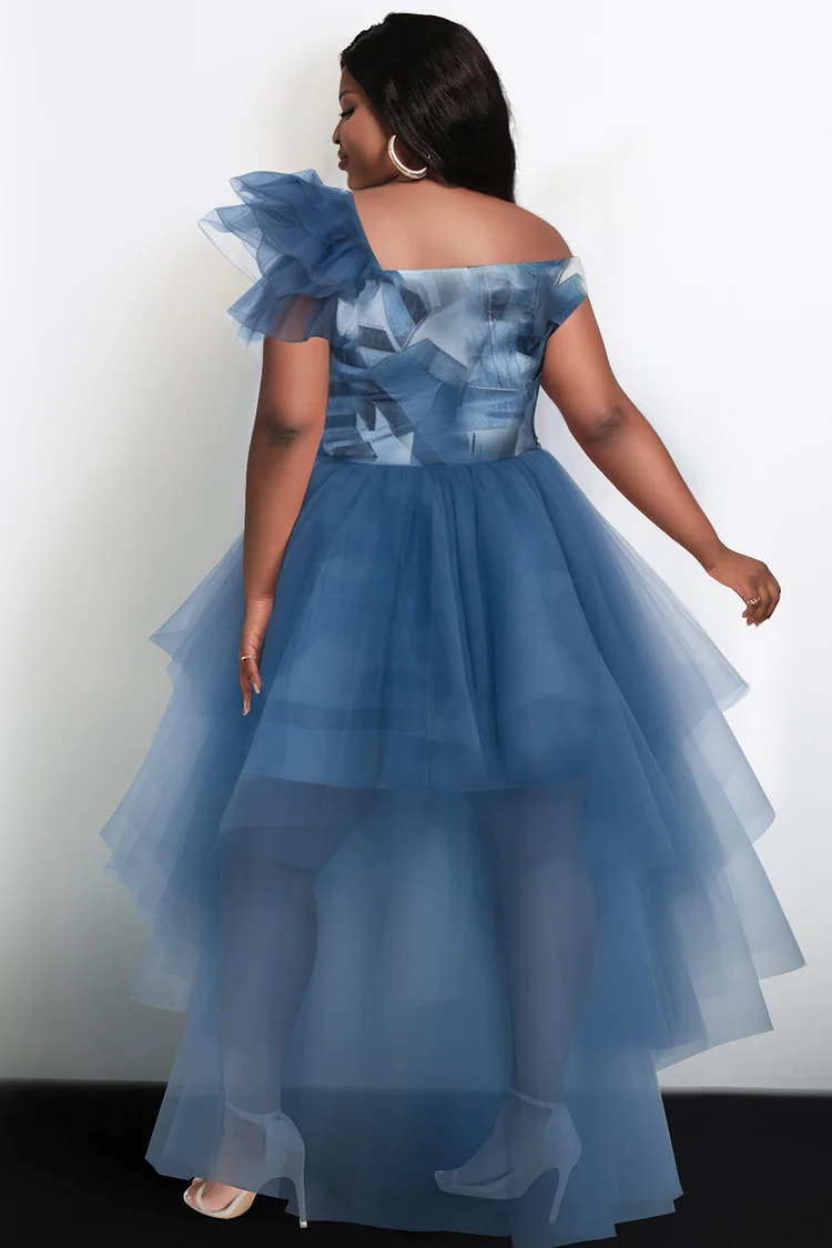 Xpluswear Design Plus Size Cocktail Party Blue Elegant Denim Print Asymmetrical Collar Flutter Sleeve With Skirt Overlay High Low Hem Tulle Mini Dresses [Pre-Order]
