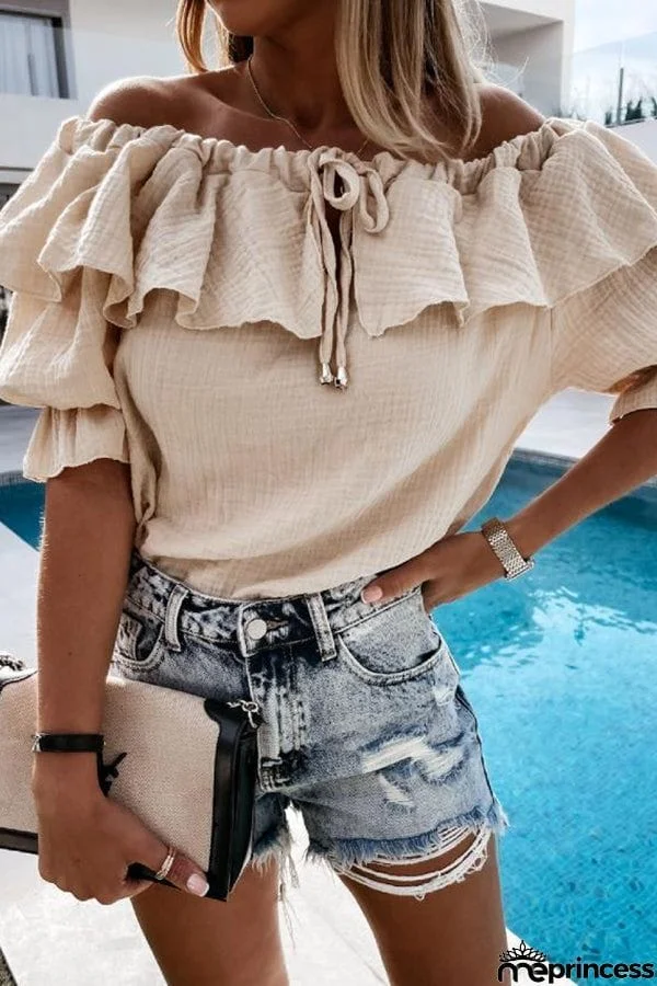 Off Shoulder Ruffle Solid Short Sleeve Shirt