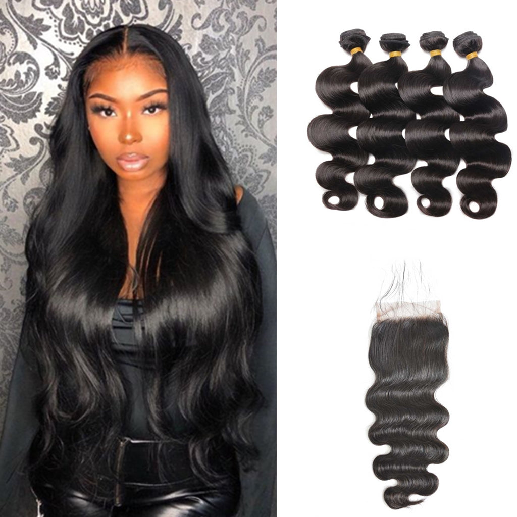 12A 4PCS + 4X4 Transparent Lace Body Wave Bundles With 4X4 Transparent Lace Closure