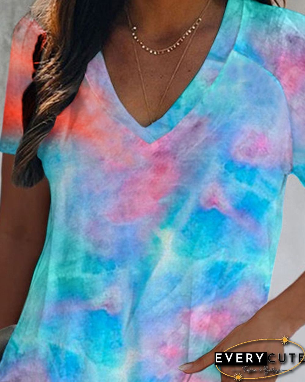 Tie Dye Print V-Neck Short Sleeve T-shirt