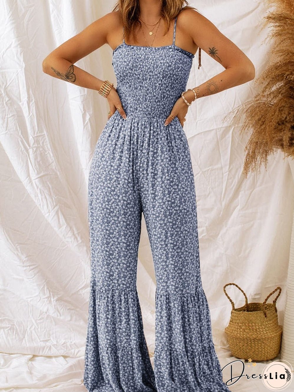 Blue Twilight Floral Dream Jumpsuit with Smocked Bodice and Delicate Straps