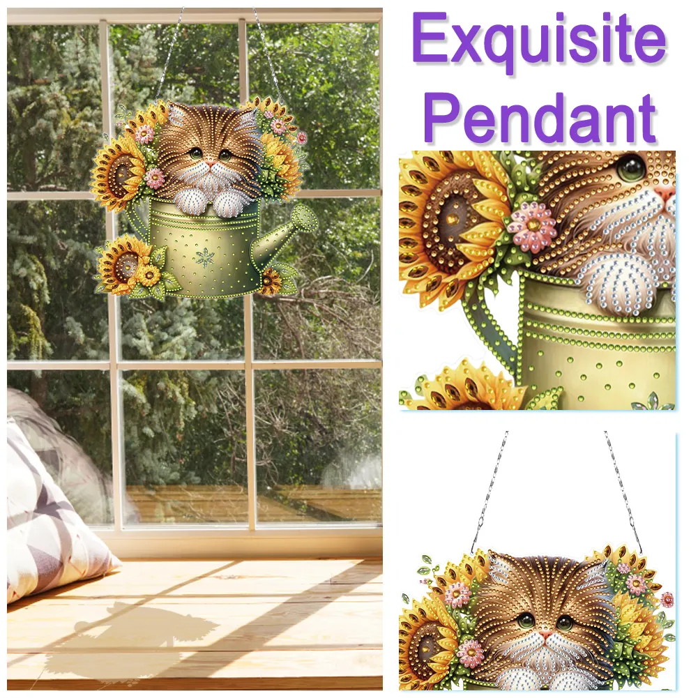 2D Flat DIY Diamond Art Pendant Window Hanging Art for Home Decor (Kettle Cat)
