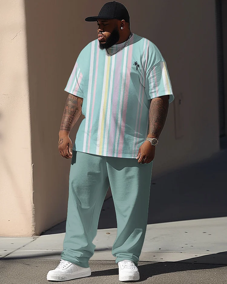 Men's Plus Size Hawaiian Stripe Coconut Tree Print T-Shirt Pants Suit