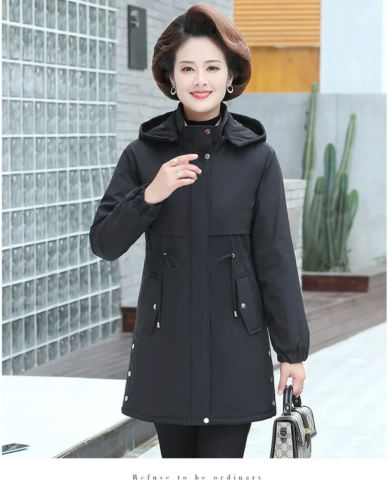 Autumn Winter Jacket Women Parka Plus Velvet Warm Hooded Overcoat Plus Size Middle-aged Female Cotton Padded Coat Windbreakers