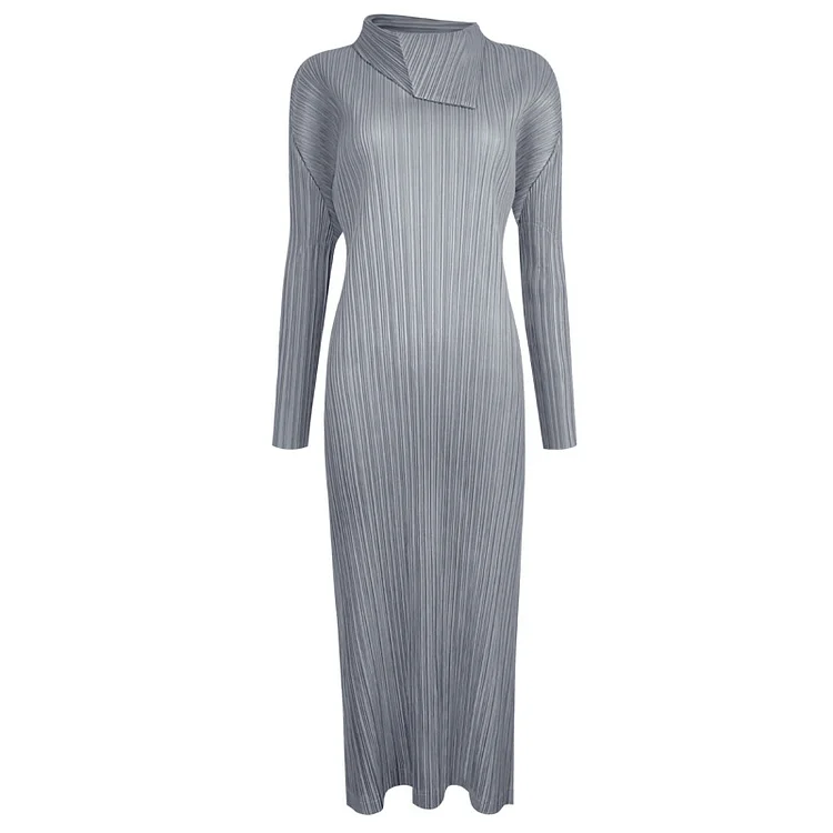 Simple Solid Color Long Sleeve Stacked Collar Midi Dress - yankia