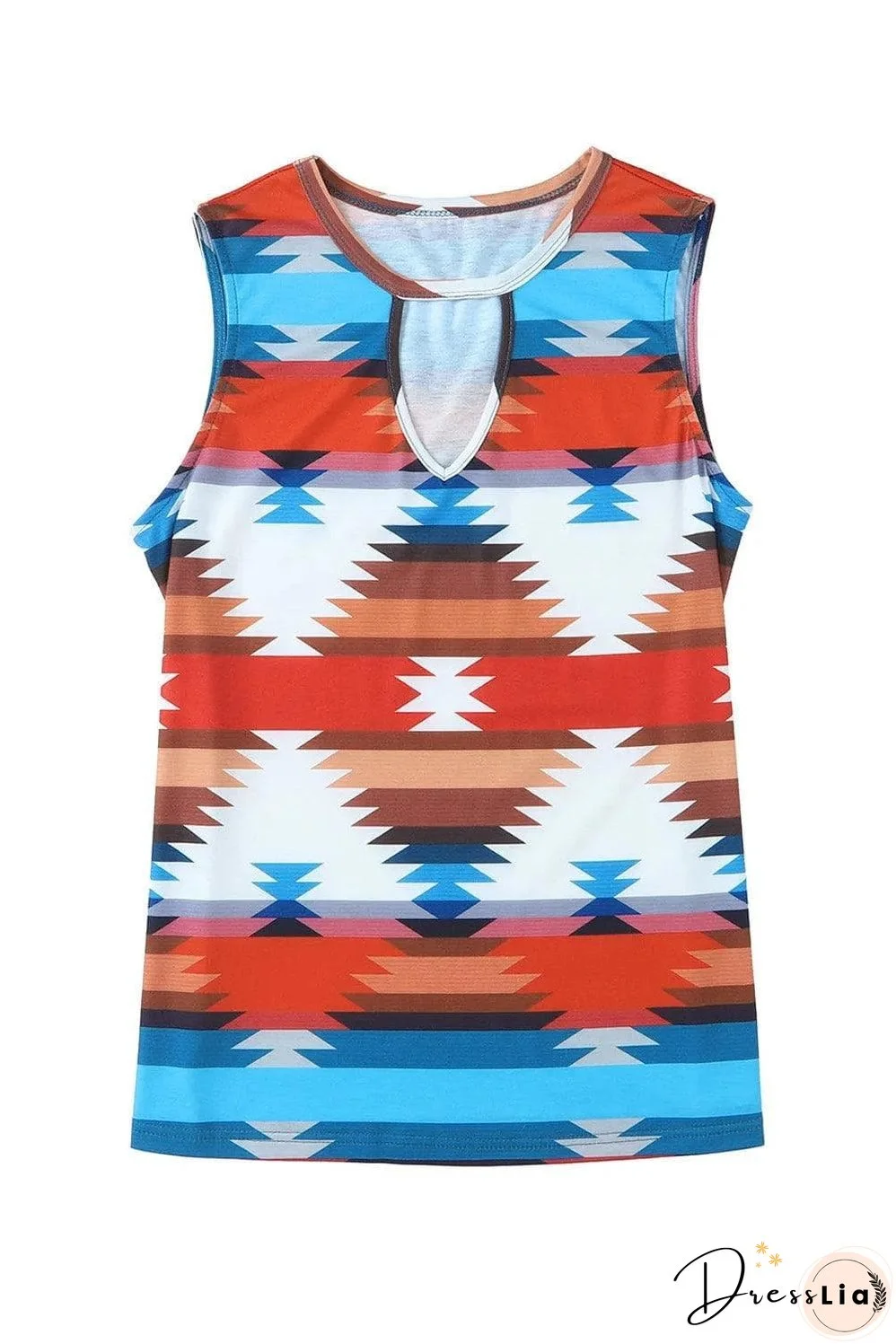 Fiery Red Aztec Geometric Print Hollowed Neckline Tank Top