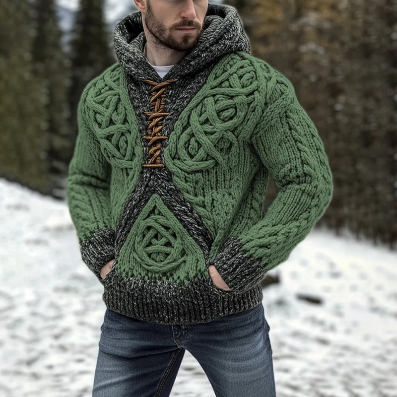 Vintage Celtic Knot Coarse Knit Men's Hooded Sweater