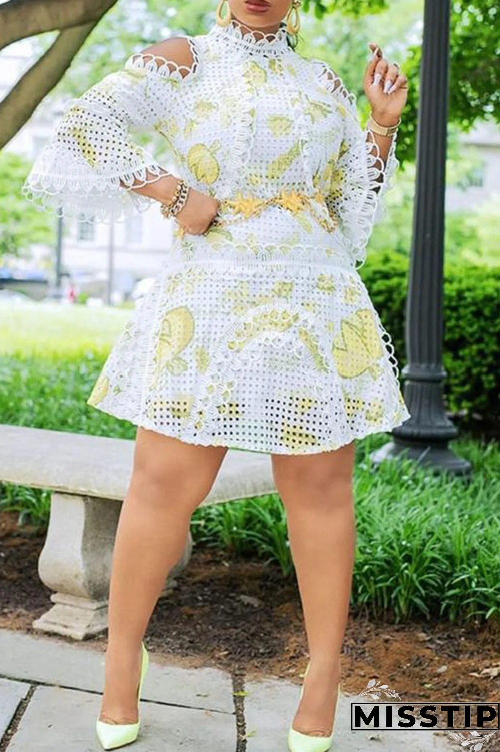 White College Print Embroidered Hollowed Out Patchwork V Neck A Line Dresses