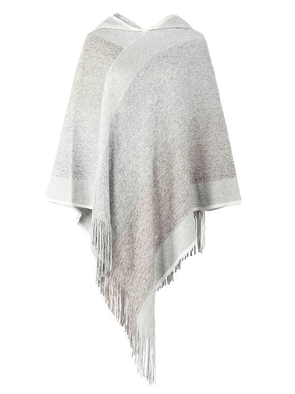 Women's Knit Shawl Fringed Hem Striped Stitching Sweater Top