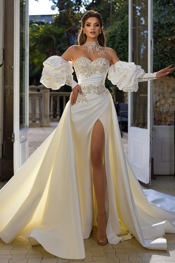 Elegant Sweetheart Mermaid Wedding Dress Detachable Sleeves Overskirt Bridal Gown With Slit - lulusllly