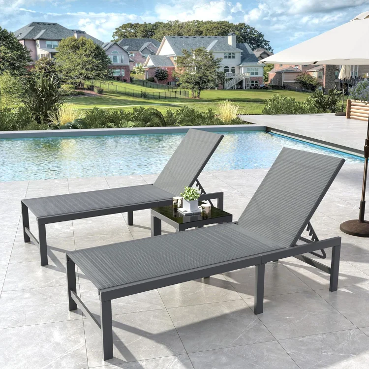 Outdoor Chaise Lounge Chair Set of 2 with Table Pool Lounge Chairs for Outside, Adjustable Lounger for Poolside Lawn Deck Lay Flat Sunbathing Backrest for Patio, Beach, Yard