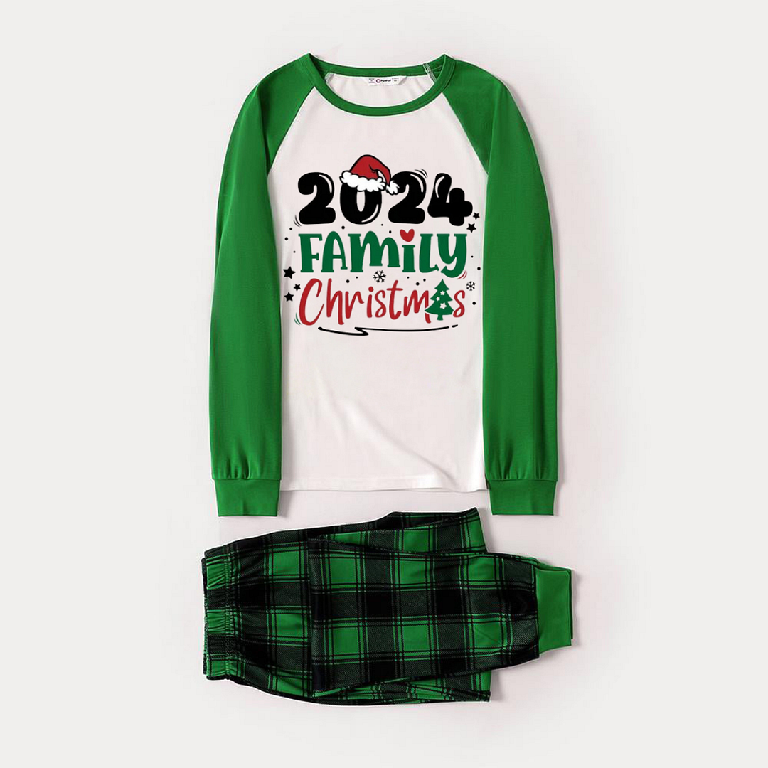Santa Hat and Family Christmas 2024 Print Long Sleeve Top With Green & Black Plaid Christmas Matching Pajamas