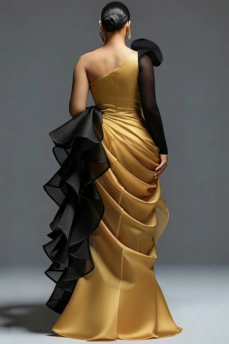 Xpluswear Design Plus Size Formal Gold Oblique Collar One Shoulder Long Sleeve Ruffle Elegant Asymmetric Hem Irregular Hem Maxi Dresses [Pre-Order]