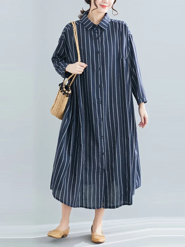 Simple Striped Buttoned Lapel Long Sleeves Shirt Dress