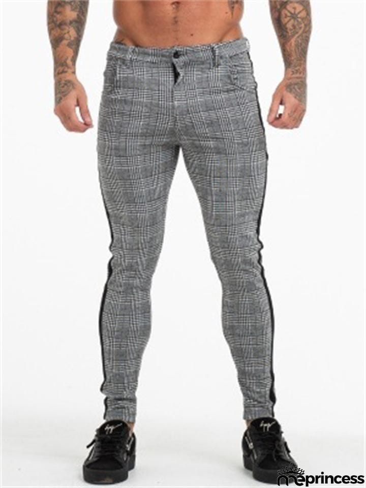 Fashion Side Striped Casual Plaid Elastic Pants