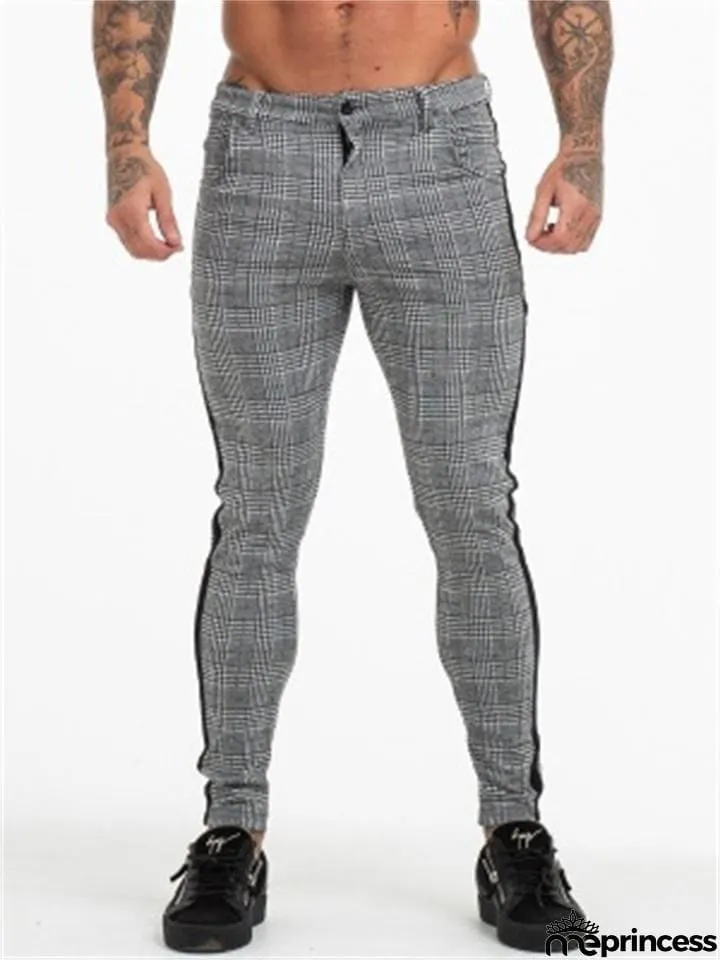 Fashion Side Striped Casual Plaid Elastic Pants