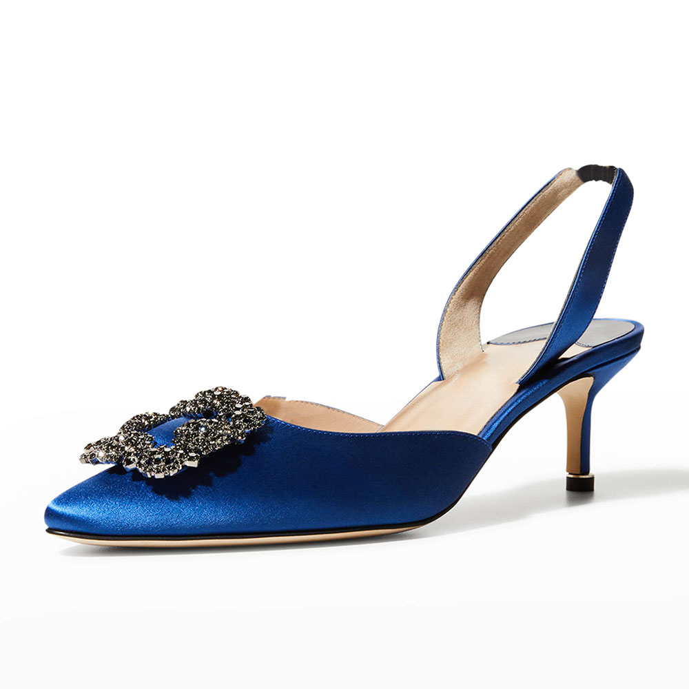 Blue Satin Rhinestone Buckle Almond Toe Kitten Heel Slingback Pumps Nicepairs