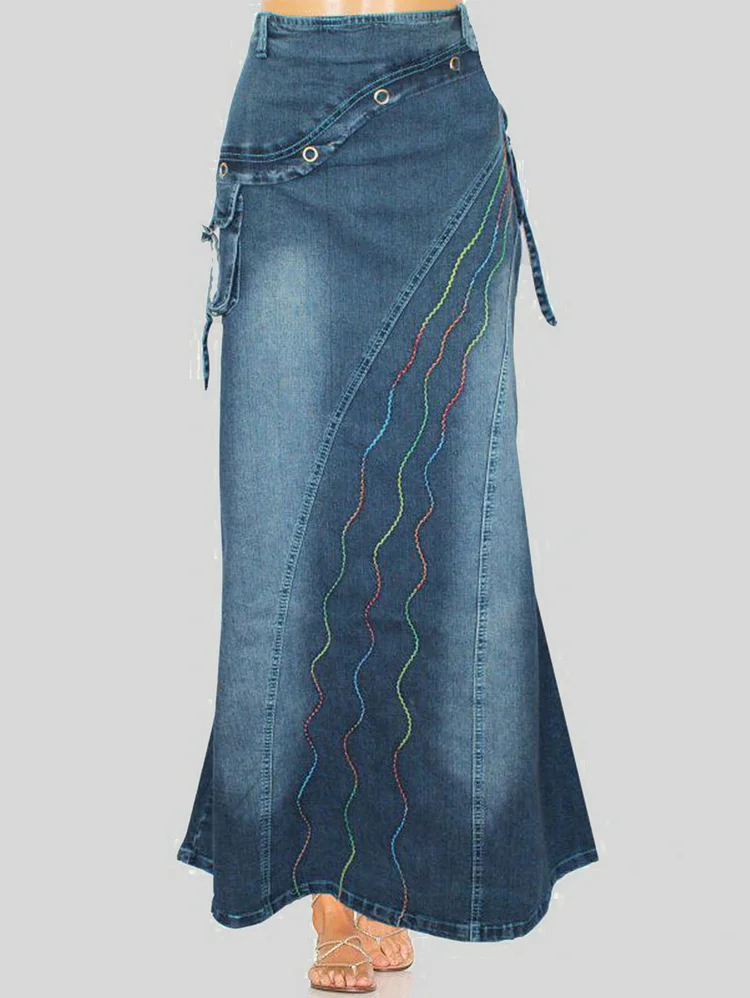 Daily Asymmetric Frayed Denim Quilted Wavy Pattern Fishtail Maxi Skirt
