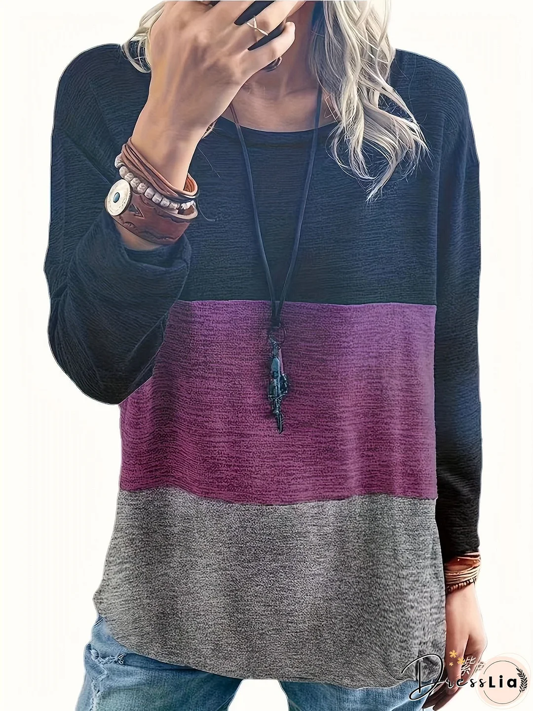 Plus Size Casual Top, Women's Plus Colorblock Long Sleeve Round Neck Medium Stretch Top