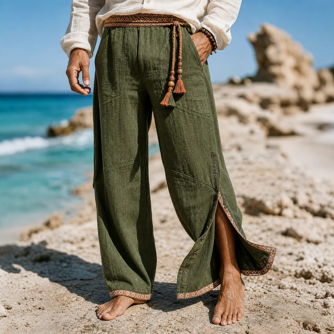 Olive Green Linen Wide Leg Pants With Embroidered Trim And Side Slit &ndash; Boho Beach Style Trousers For Summer & Spring-INSPIREUSE