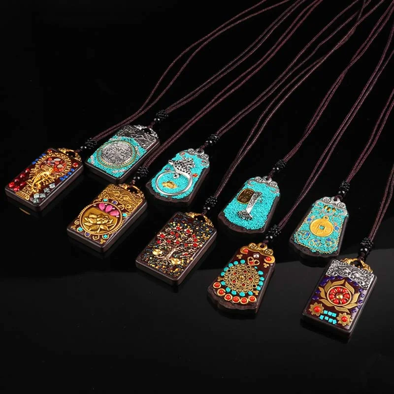 Ebony Wood Elephant Lotus Balance String Necklace Pendant