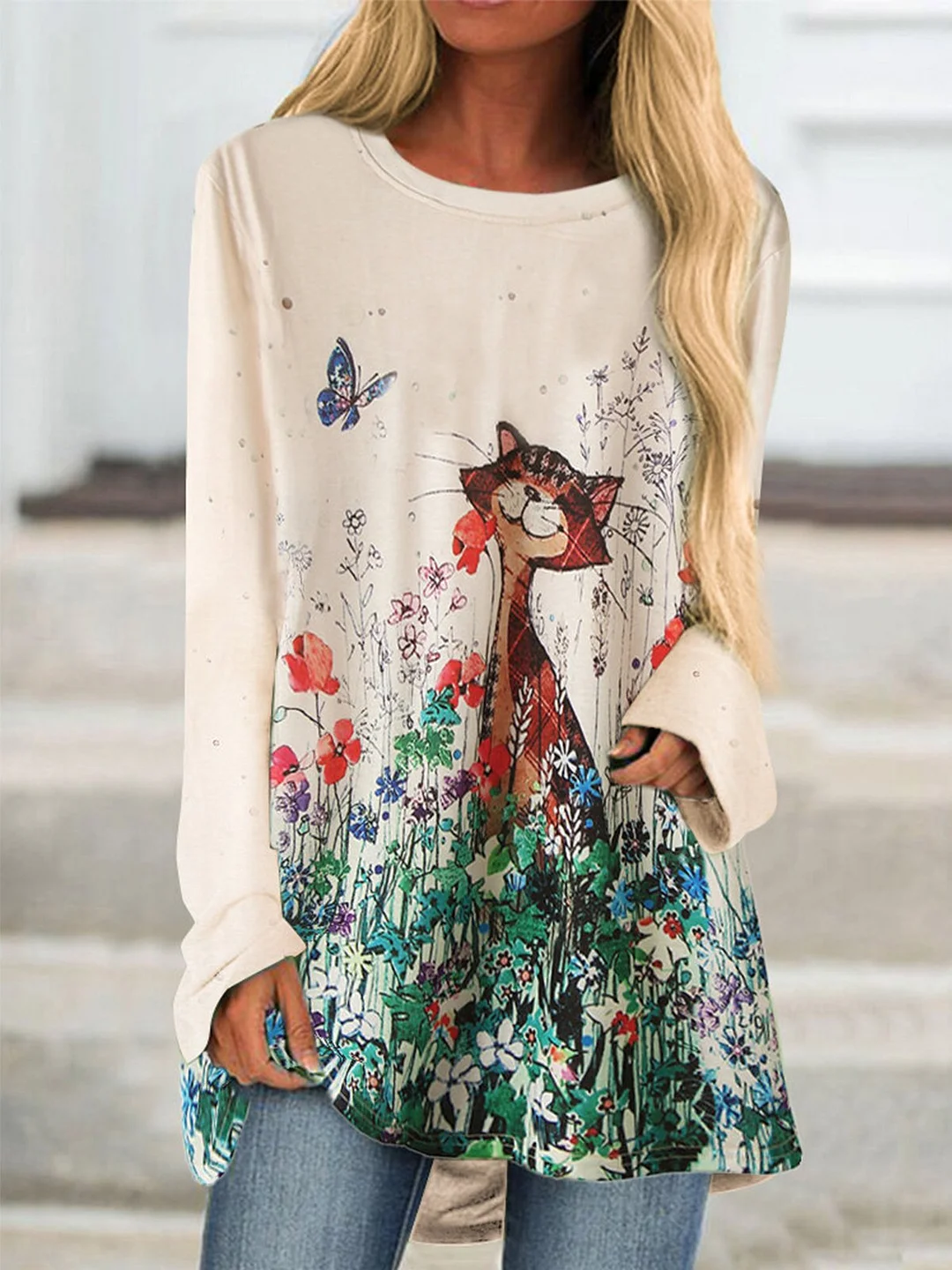 Beige Cotton-Blend Long Sleeve Round Neck Printed T-shirt