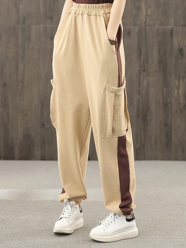 Women Color Block Pocket Loose Casual Pants