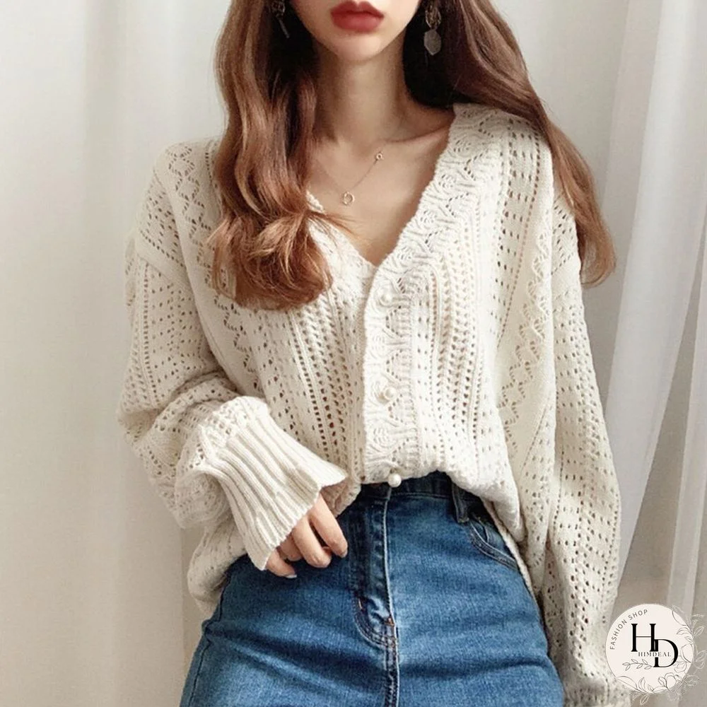 Women Spring Summer Sweater And Cardigans Low V-Neck Knit Tops Long Sleeve Hollow Out Sexy Cardigan Loose White Tops