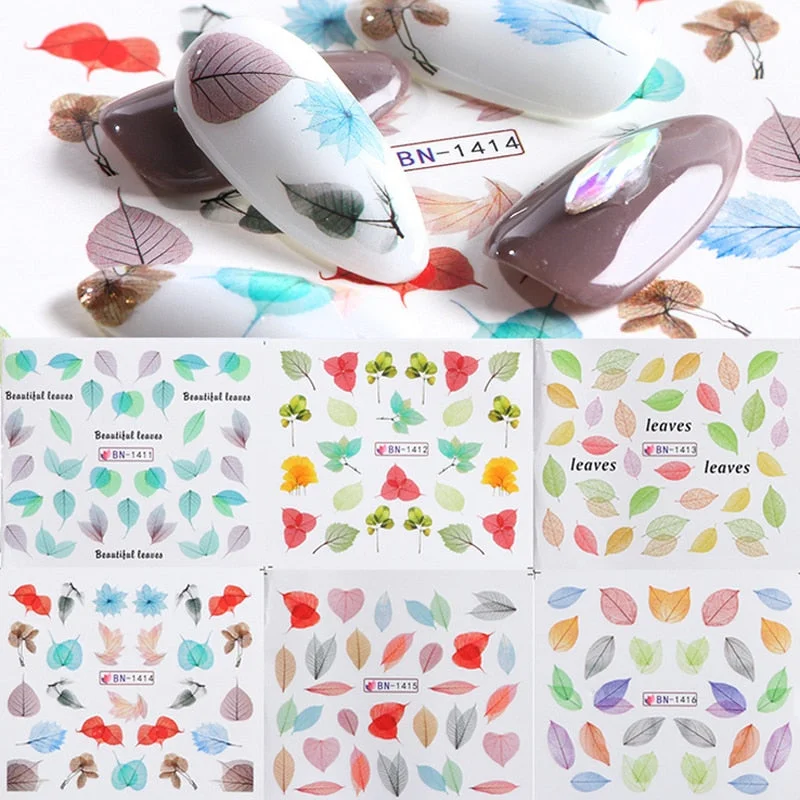Nail Stickers Water Transfer Colorful Clear Leafs Designs 6Pcs/Set Nail Decal Decoration Tips For Beauty Salons-Nail Inspo