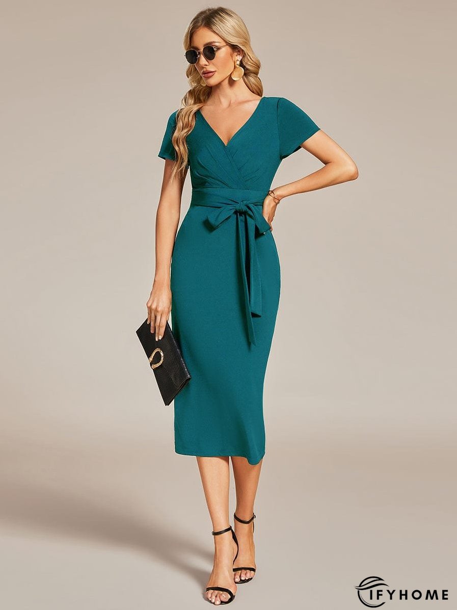 Elegant Deep V Neck Short Sleeve Cocktail Dress with Waist Belt | IFYHOME
