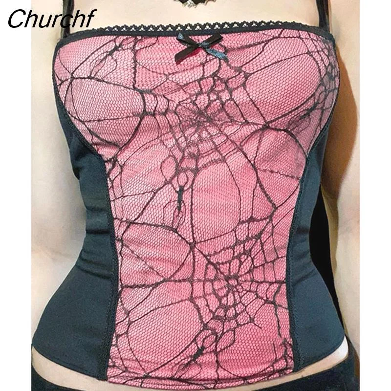 Churchf Vintage Spider Net Mesh Pink Camis Goth Grunge Bodycon Backless Camisole Aesthetic Bow 1735