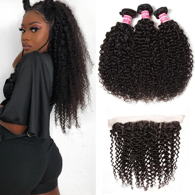 Indian Curly Hair 3 Bundles with Lace Frontal Closure Ear to Ear 13*4 Closure - Hair