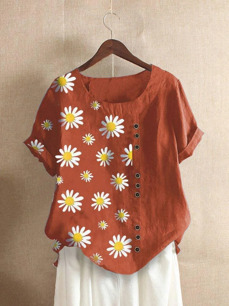 Daisy Floral Print Short Sleeve O-neck T-shirt For Women