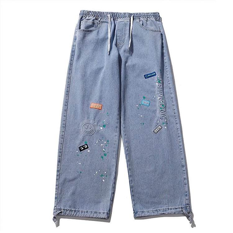 Smiley Printed Jeans Men's Large Size Retro Sports Trousers Loose Straight Trousers Men Denim Pants