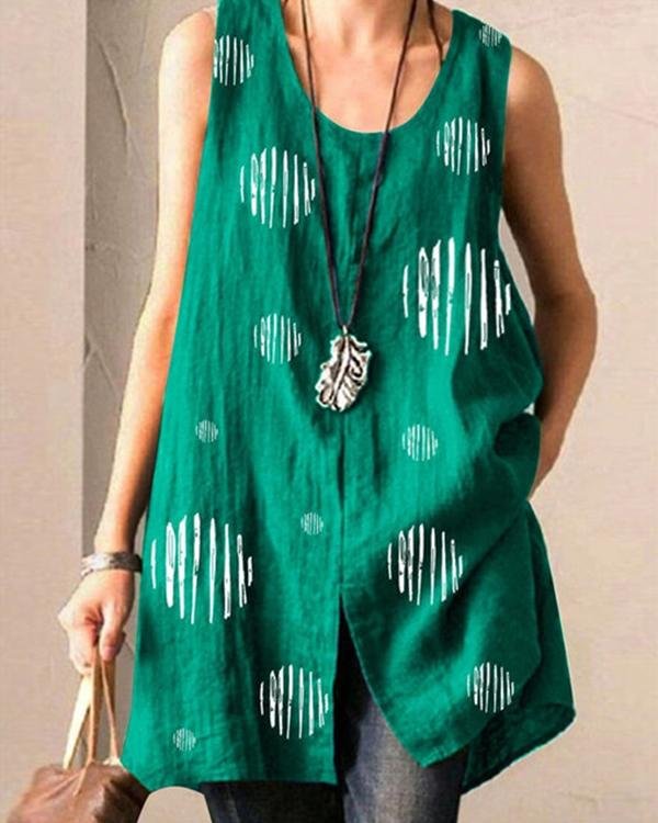 Plus Size Floral Round Neck Casual A-line Sleeveless Blouses
