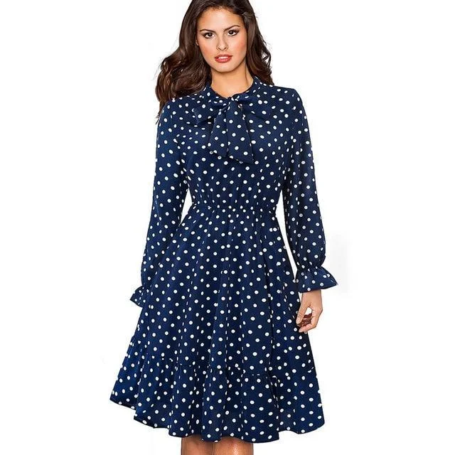 Elegant Vintage Polka Dots Pinup Bow Business Party Flare A-Line Swing Dress