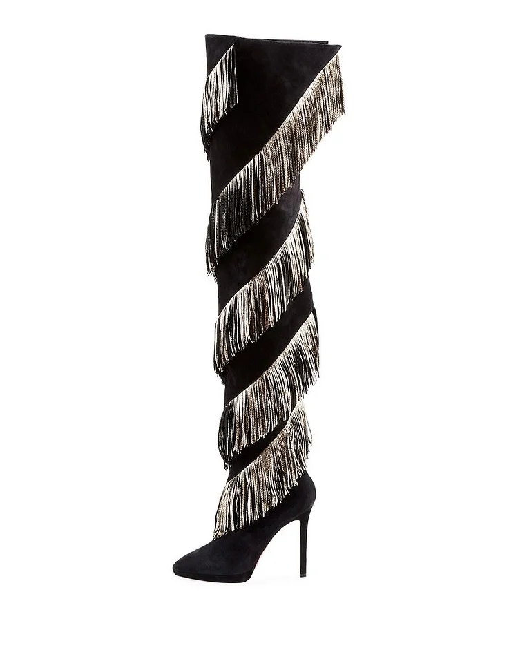 Black Fringe Platform Thigh High Boots Vdcoo