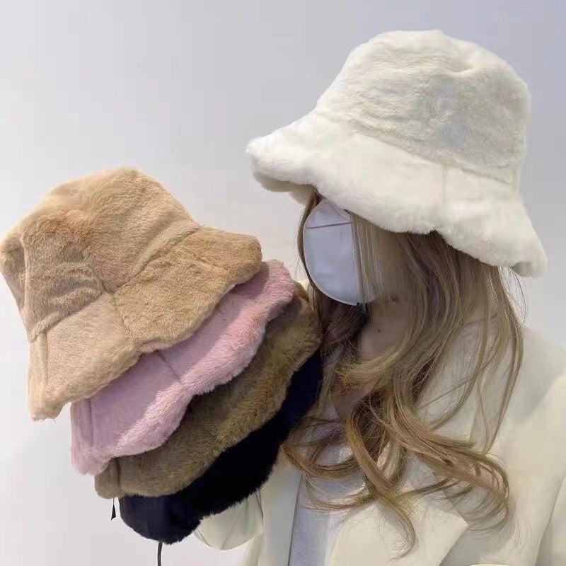 New Autumn And Winter Fleece-lined Imitation Rabbit Fur Fisherman Hat Girl Sweet Cute Warm Cold-proof Hat Lotus