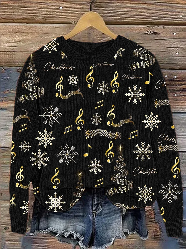Comstylish Gold Music Notes Snowflake Christmas Cozy knit Sweater