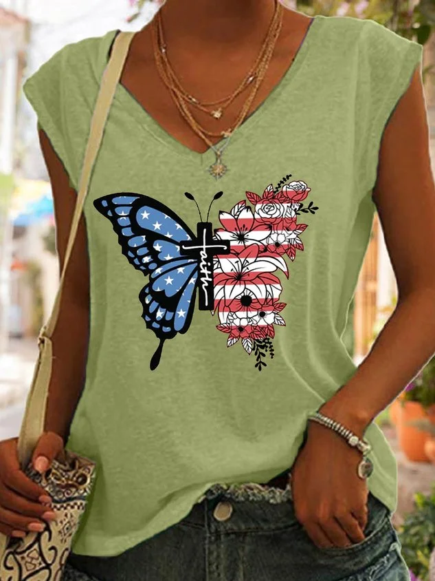 Women's Faith Cross Butterfly Casual V Neck Tank Top socialshop